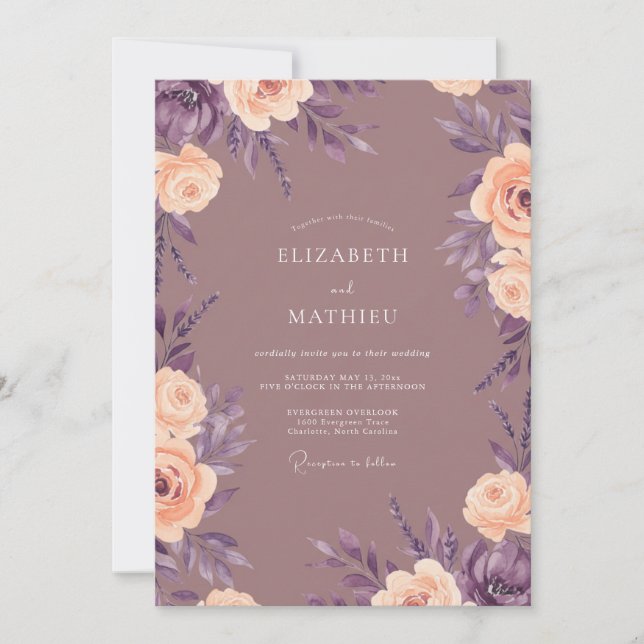 Invitación Boda Botánica Suave de Melocotón Malva (Anverso)