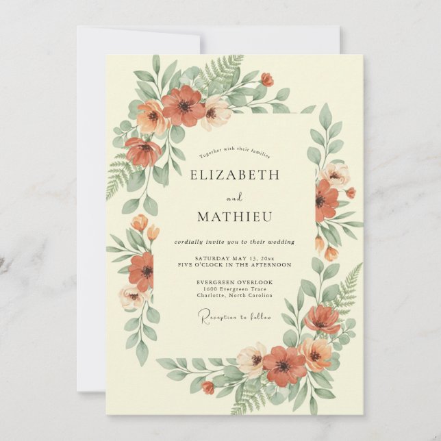 Invitación Boda Botánica Suave de Naranja Quemada (Anverso)