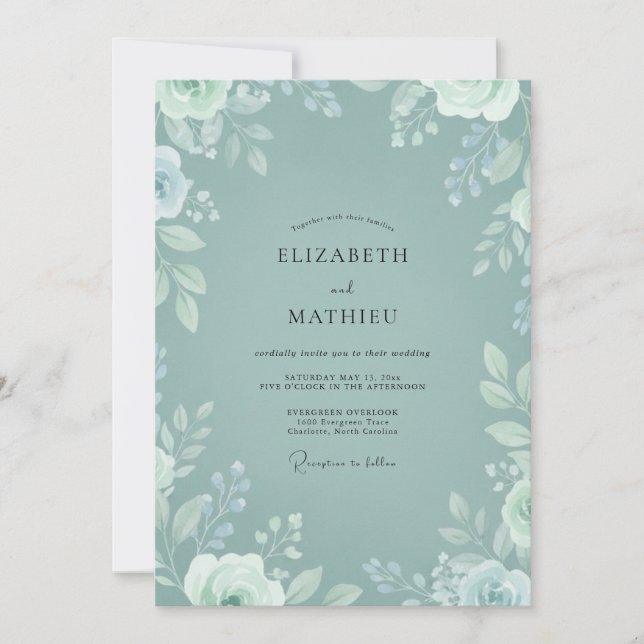 Invitación Boda Botánica Suave en Verde Azulado (Anverso)