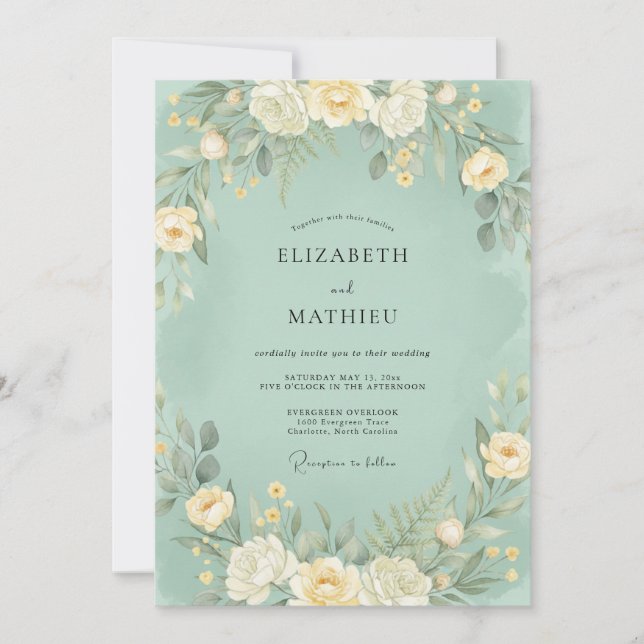 Invitación Boda Botánica Suave Verde Menta (Anverso)