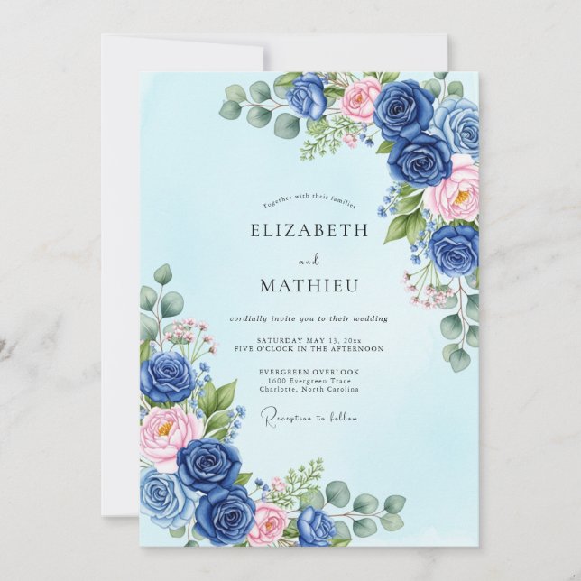 Invitación Boda Botánica Sublime de Azul Marino de Primavera (Anverso)
