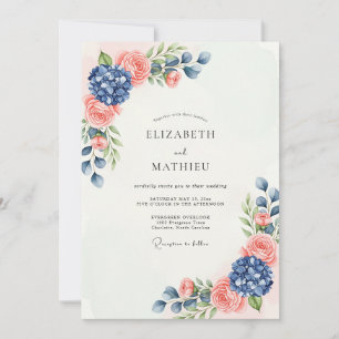 Invitación Boda Botánica Sublime de Durazno Azul Marítimo
