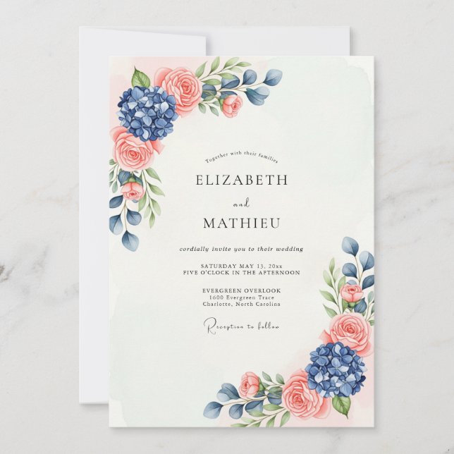 Invitación Boda Botánica Sublime de Durazno Azul Marítimo (Anverso)
