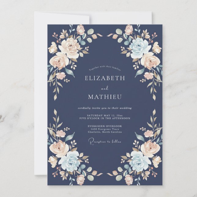 Invitación Boda Botánica Suntuosa Azul Marino (Anverso)