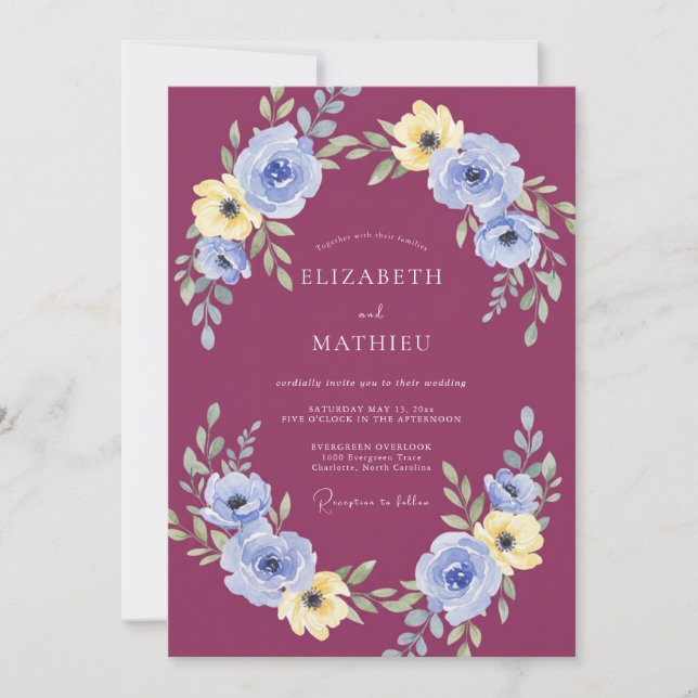 Invitación Boda Botánica Suntuosa de Ciruela (Anverso)