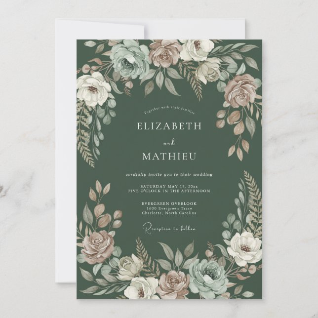 Invitación Boda Botánica Suntuosa de Verde Oscuro (Anverso)
