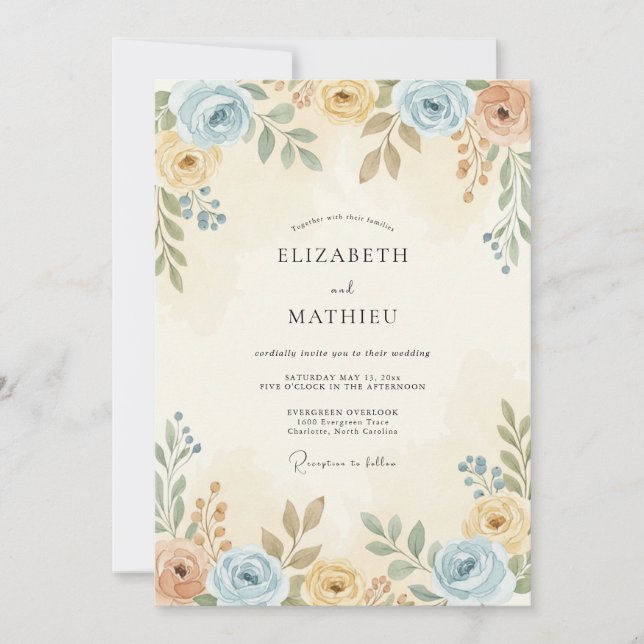 Invitación Boda Botánica Sutil de Azul Polvoriento (Anverso)