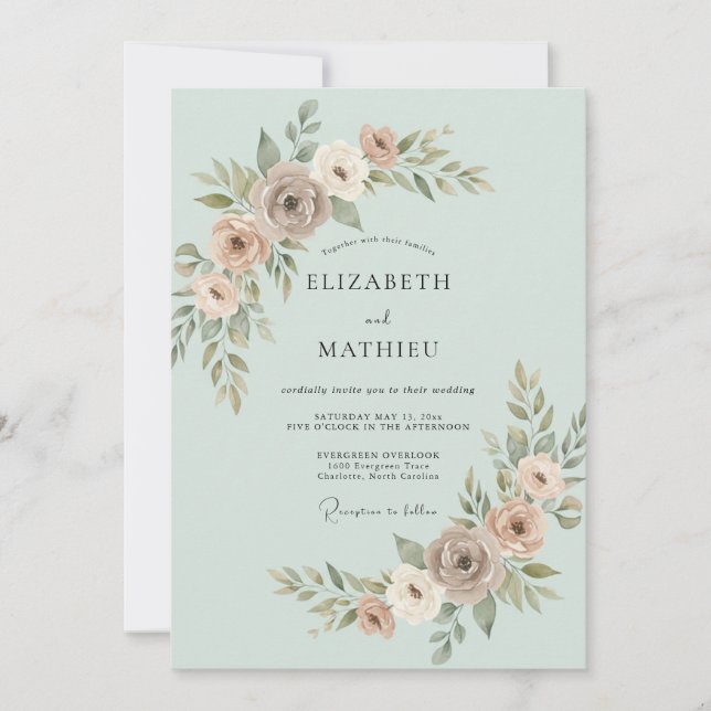 Invitación Boda Botánica Sutil Verde Menta (Anverso)