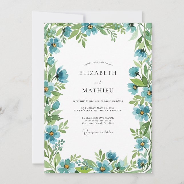 Invitación Boda Botánica Teal de Primavera (Anverso)