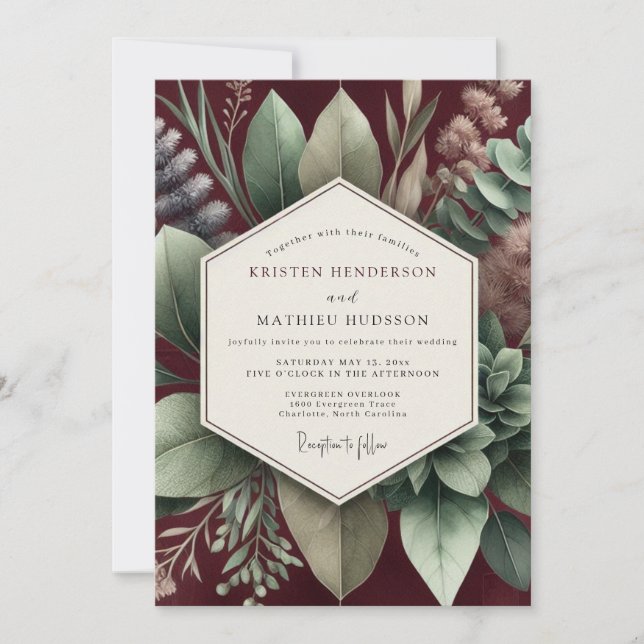 Invitación Boda Botánica Terrosa de Borgoña (Anverso)