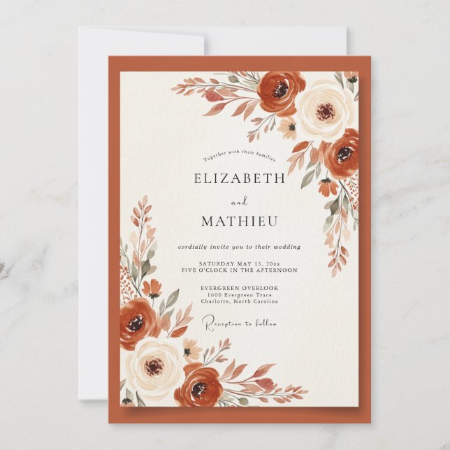 Invitación Boda Botánica Terrosa de Naranja Quemada (Anverso)
