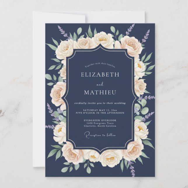 Invitación Boda Botánica Tradicional Azul Marino (Anverso)