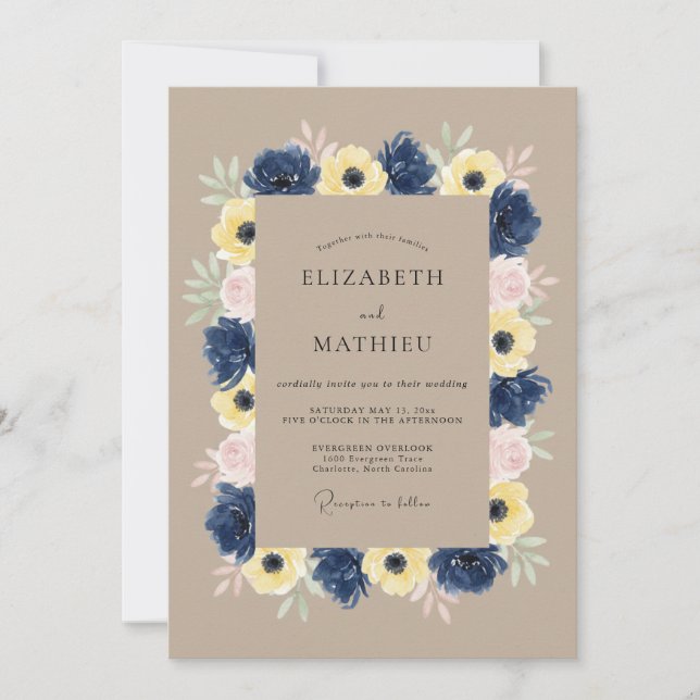 Invitación Boda Botánica Tranquila Azul Marino (Anverso)