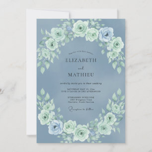 Invitación Boda Botánica Tranquila Azul Polvoriento