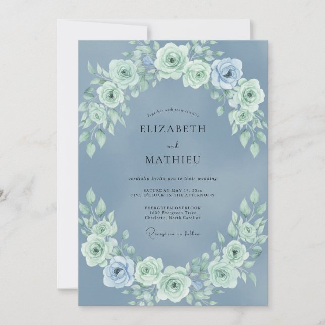 Invitación Boda Botánica Tranquila Azul Polvoriento (Anverso)