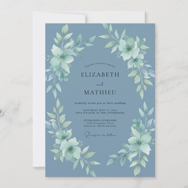 Invitación Boda Botánica Tranquila de Azul Pizarra (Anverso)