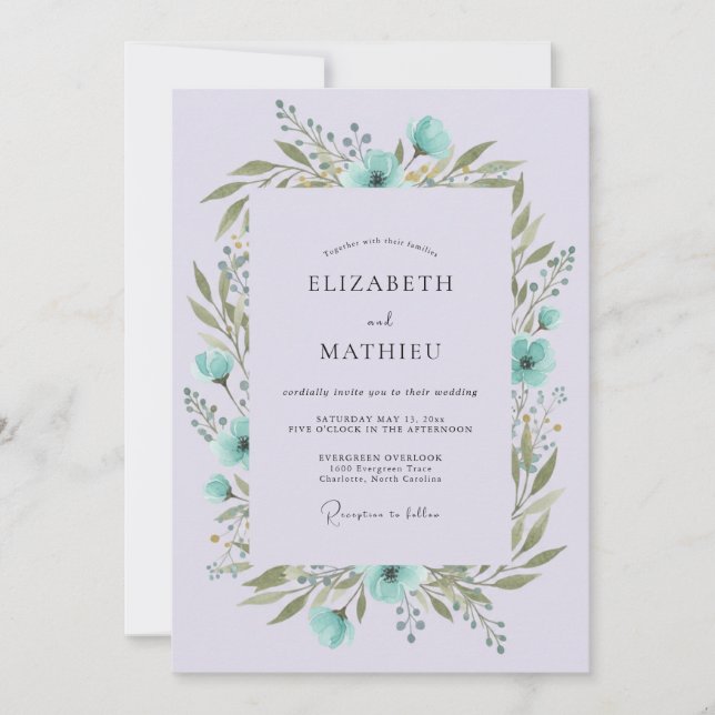 Invitación Boda Botánica Tranquila de Lavanda y Verde Acuátic (Anverso)