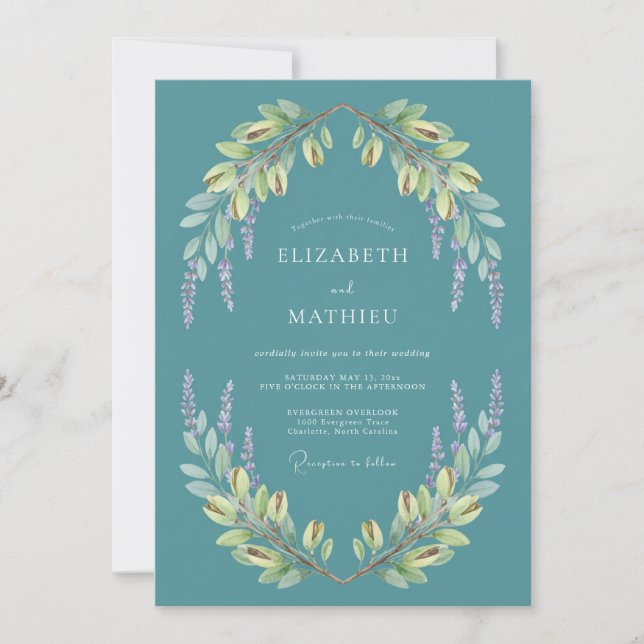 Invitación Boda Botánica Tranquila Verde Azulada (Anverso)