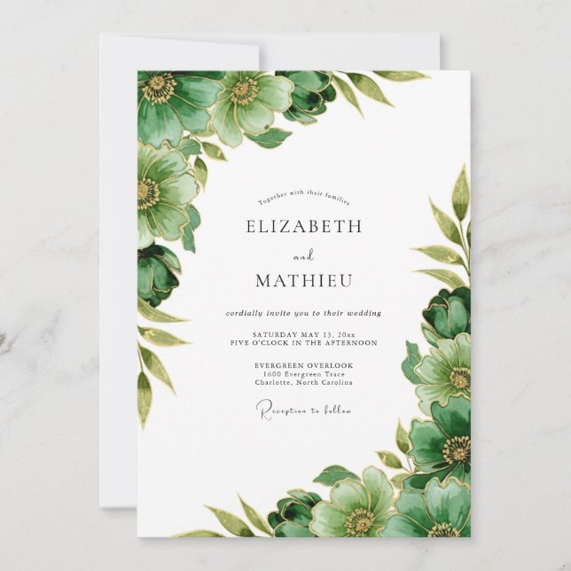 Invitación Boda Botánica Tranquila Verde Esmeralda (Anverso)