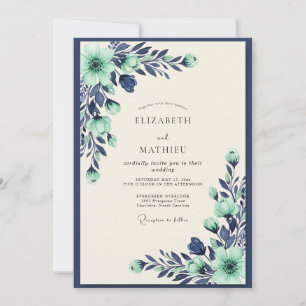 Invitación Boda Botánica Tranquila Verde Menta y Azul Marino