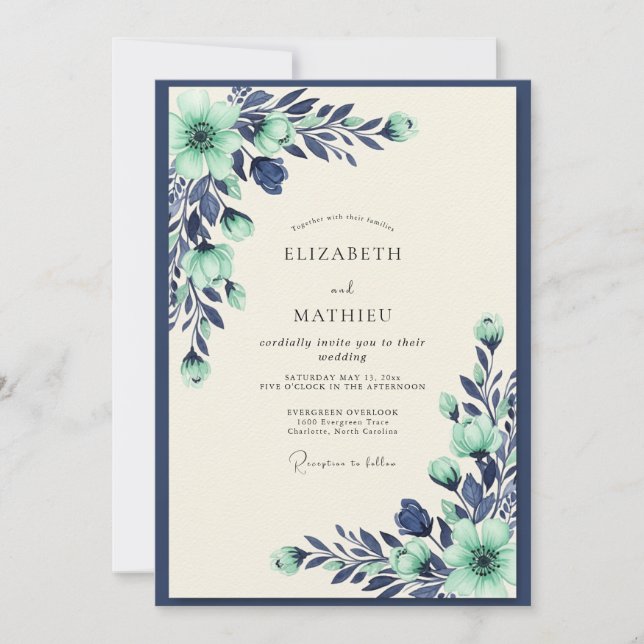 Invitación Boda Botánica Tranquila Verde Menta y Azul Marino (Anverso)