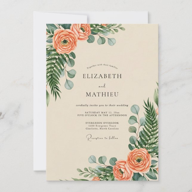 Invitación Boda Botánica Verdante de Melocotón (Anverso)