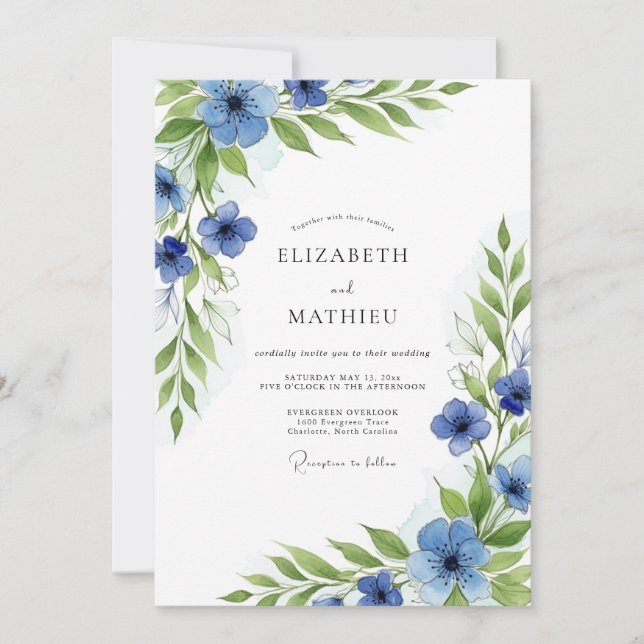 Invitación Boda Botánica Verde Azul (Anverso)