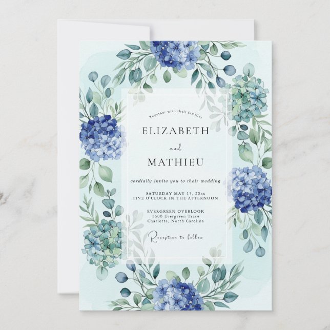 Invitación Boda Botánica Verde Azul Celeste (Anverso)