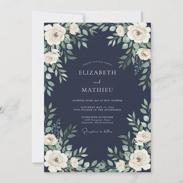 Invitación Boda Botánica Verde Azul Marino (Anverso)