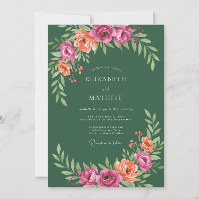 Invitación Boda Botánica Verde Bosque Rosa Melocotón (Anverso)