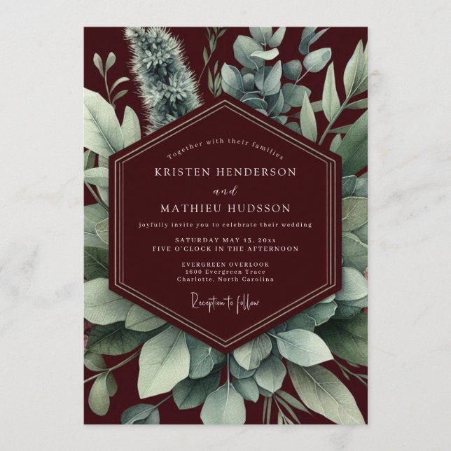 Invitación Boda Botánica Verde Burdeos (Anverso)