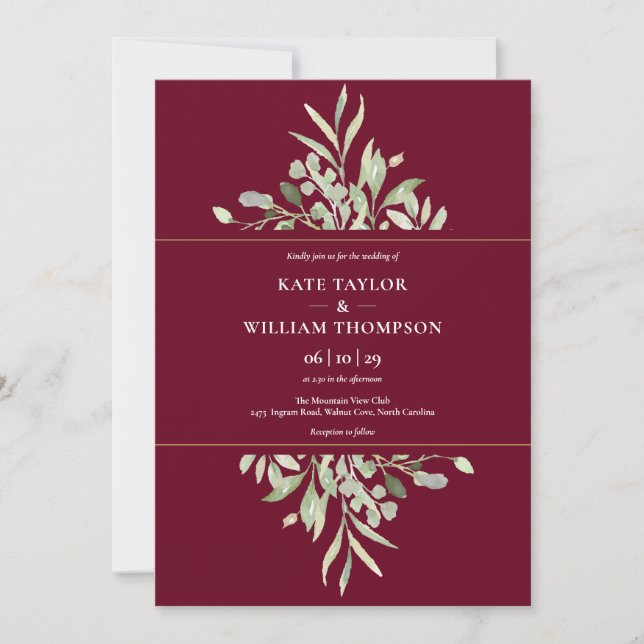 Invitación Boda Botánica Verde Burdeos Dorado (Anverso)