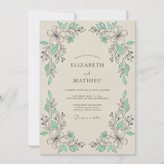 Invitación Boda Botánica Verde Menta (Anverso)