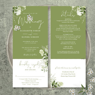 Invitación Boda Botánica Verde Musgo Todo En Uno