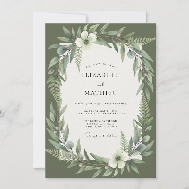Invitación Boda Botánica Verde Oliva (Anverso)