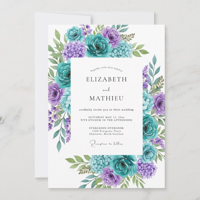 Invitación Boda Botánica Vibrante Acuática Teal (Anverso)