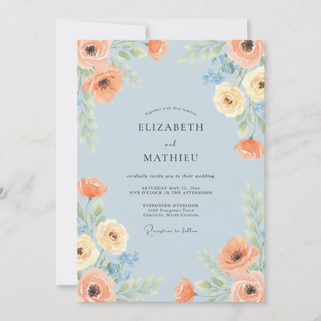 Invitación Boda Botánica Vibrante Azul Cielo (Anverso)