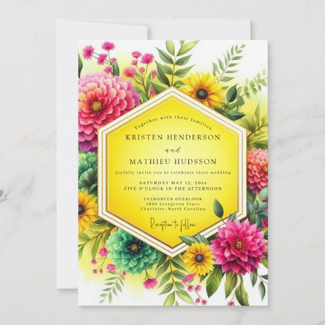 Invitación Boda Botánica Vibrante de Canario (Anverso)