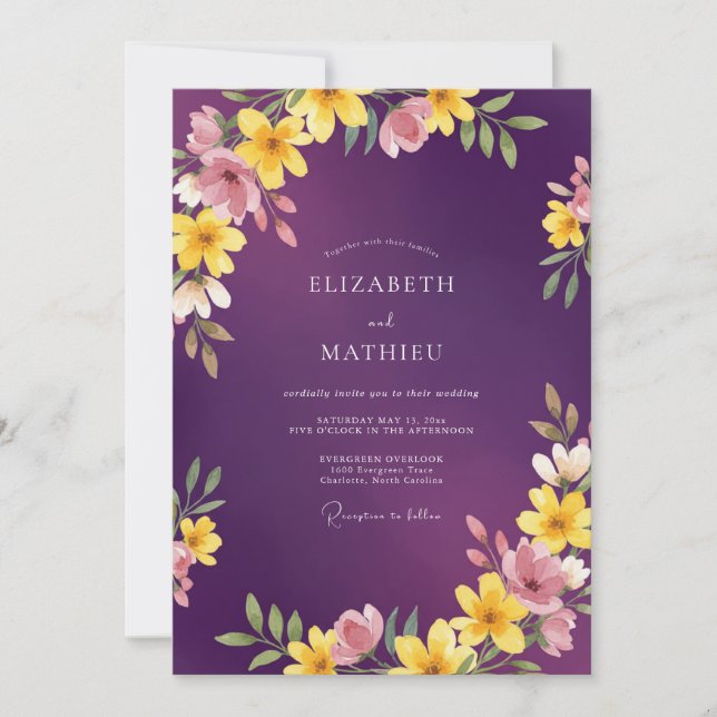 Invitación Boda Botánica Vibrante de Ciruela (Anverso)