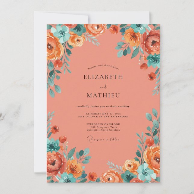 Invitación Boda Botánica Vibrante de Coral (Anverso)