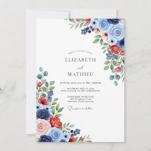 Invitación Boda Botánica Vibrante de Navy y Carmesí