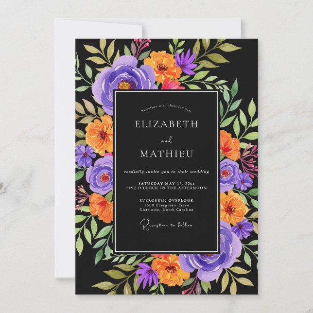 Invitación Boda botánica vibrante negra (Anverso)
