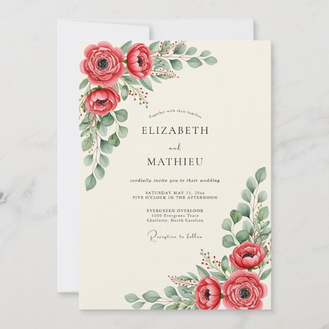 Invitación Boda Botánica Vibrante Roja (Anverso)