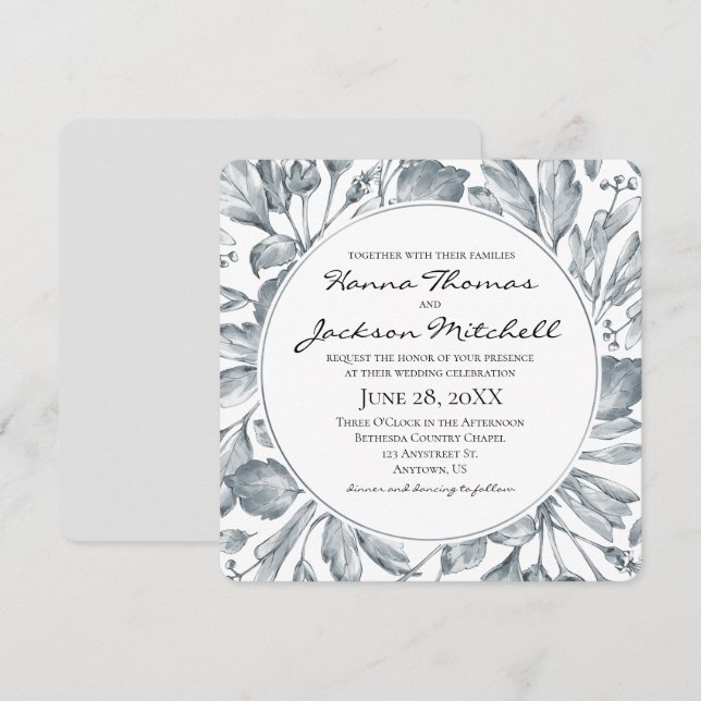 Invitación Boda Botánica Vintage Gris (Anverso / Reverso)