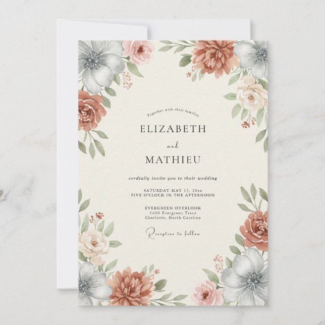 Invitación Boda Botánica Vintage Naranja Quemada (Anverso)