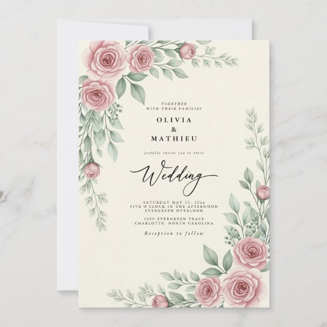 Invitación Boda Botánica Vintage Rosa Claro (Anverso)