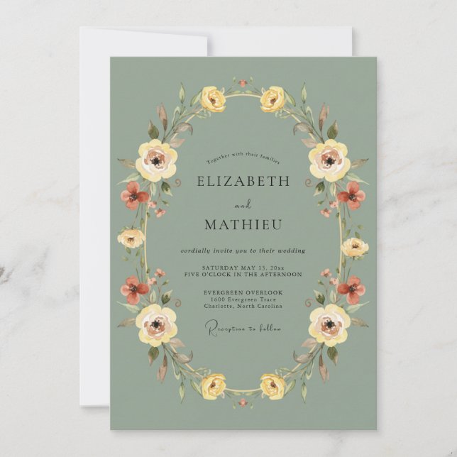 Invitación Boda Botánica Vintage Verde Salvia (Anverso)
