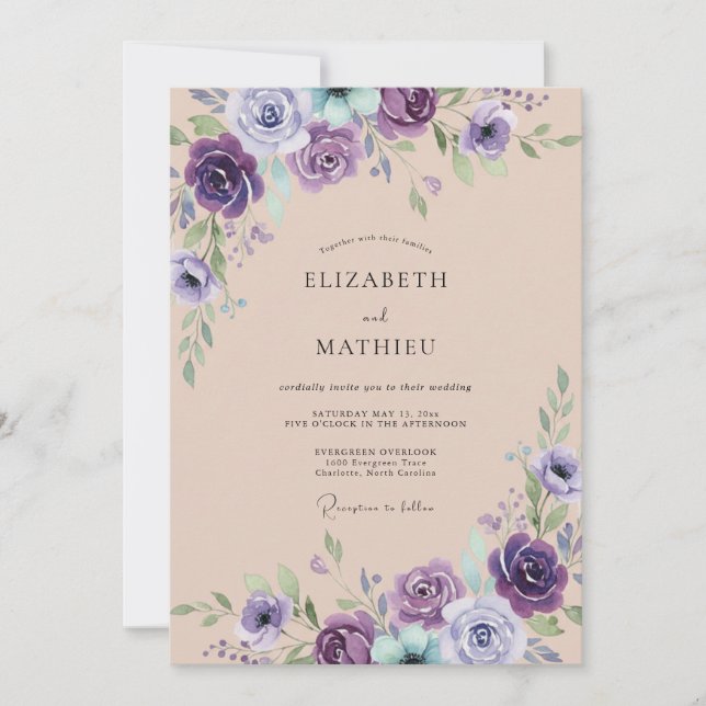 Invitación Boda Botánica Violeta Elegante (Anverso)