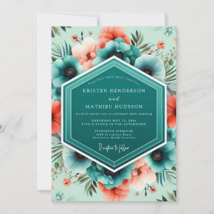 Invitación Boda Botánica Vívida Coral Verde Teal