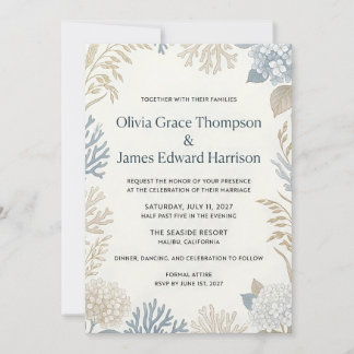 Invitación Boda Botánica y de Coral de Elegancia Costera